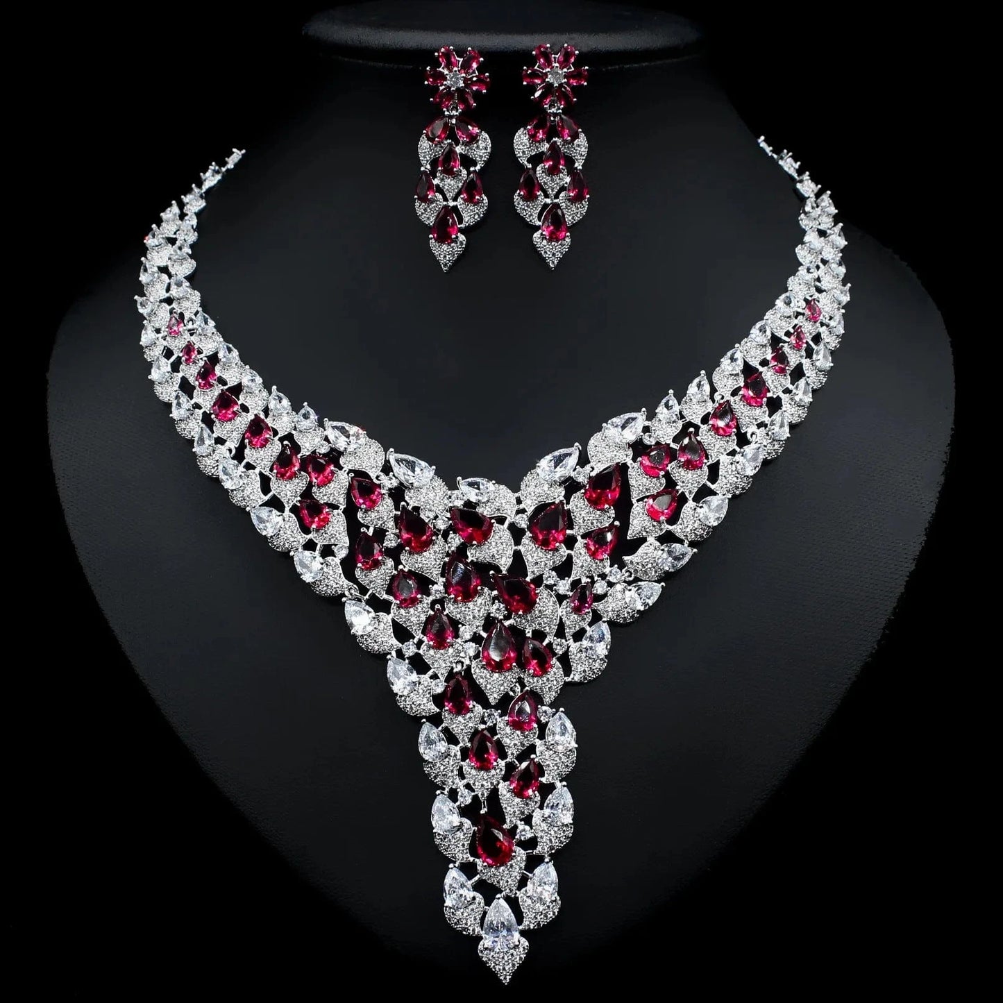 Red High Quality Inlay Full Zircon Jewelry Necklace Drop Earring Women Trendy Bridal Engagement Wedding Jewelry Set