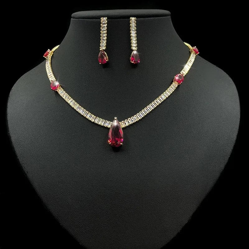 Red Luxury Colorful Zircon Water Drop Charm Necklace Silver Needle Drop Earring Women Fashion Bridal Wedding Jewelry Set Mother Gift