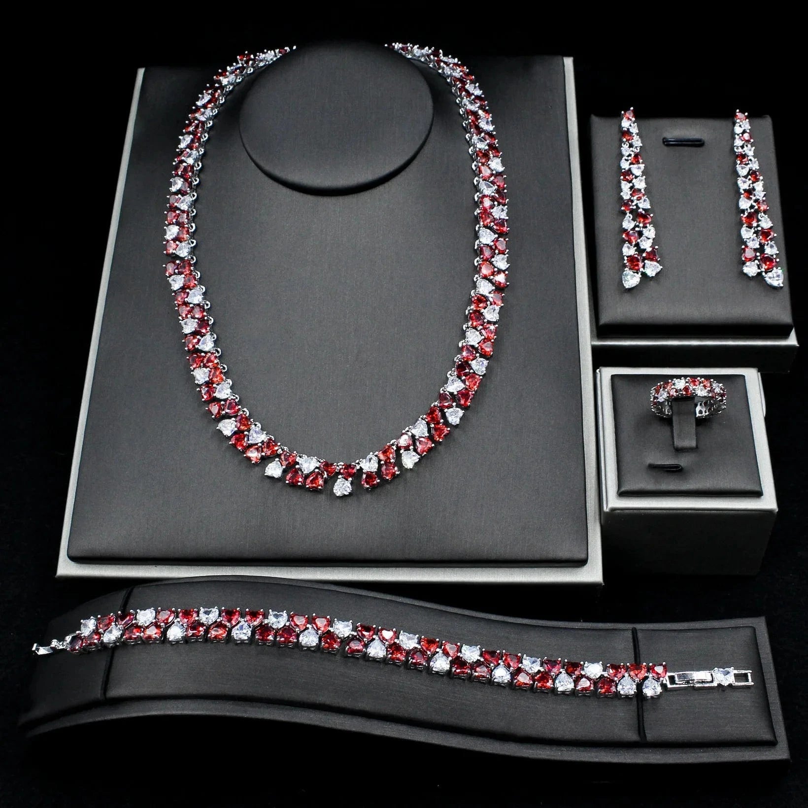 Red Luxury Love Heart Zircon Jewelry Necklace Tassel Earrings Bracelet Ring Women Engagement Wedding Bride Jewelry Set