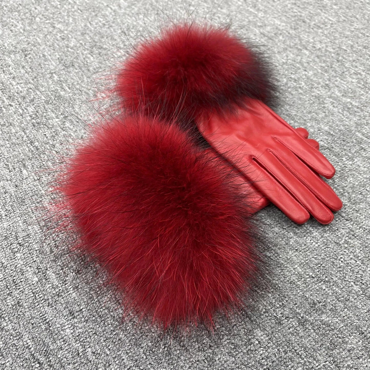 red Modern Style Beautiful Design Colorful Raccoon Fur Cuff Genuine Leather Gloves For Women