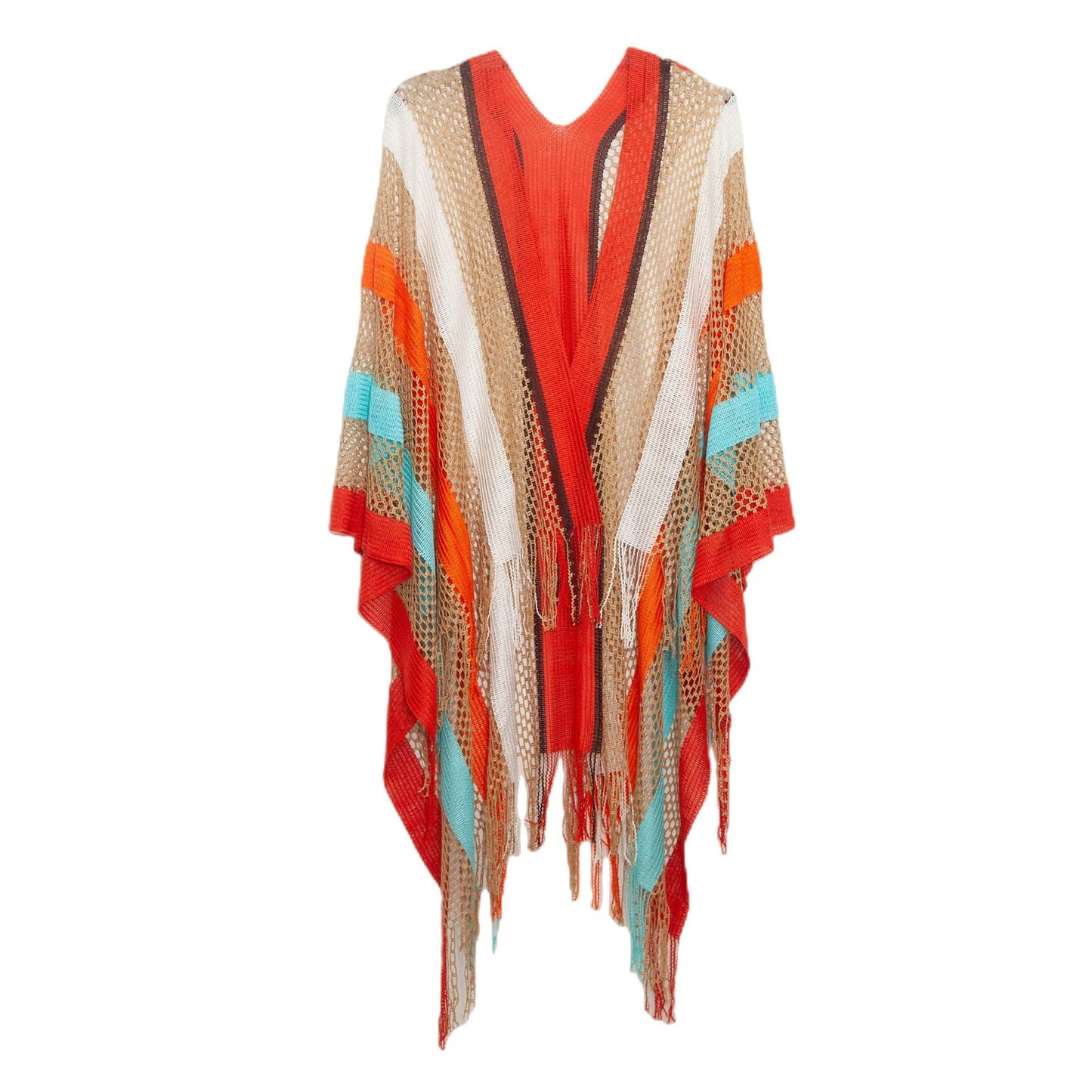 red New Women's Cloak Tourism Ethnic Style Rainbow Stripes Summer Sunscreen Thin Hollow Shawl