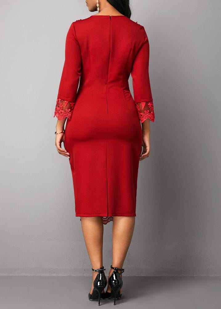 Red O Neck Petal Sleeve Lace Patchwork Slim Big Size Lady Career Dress