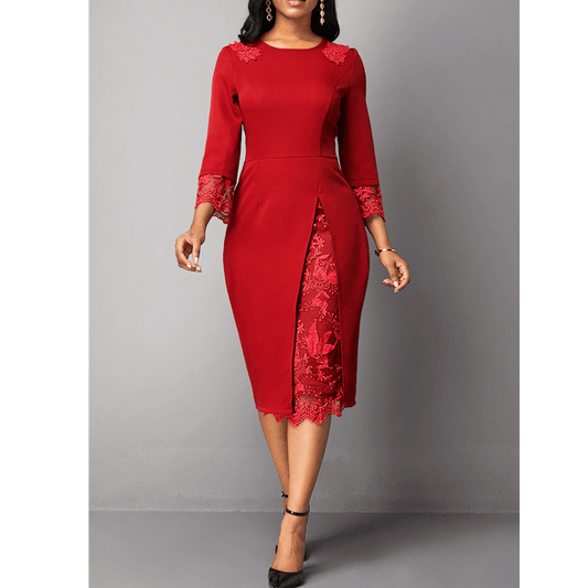 Red O Neck Petal Sleeve Lace Patchwork Slim Big Size Lady Career Dress