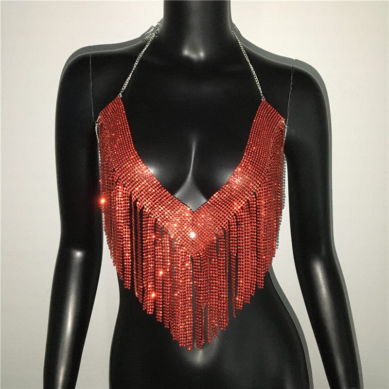 Red / One size fit all SHIHAN 7 Colors New arrival diamante chainmail neck top bra body chain jewelry for women sparkle bras body jewelry