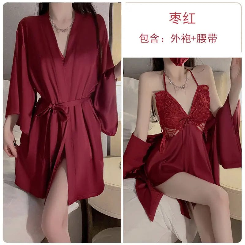 Red Outer robe+belt One size sexy ice silk Floral pajamas Add a chest pad to gather a bow shaped nightgown Outer robe and home clothing