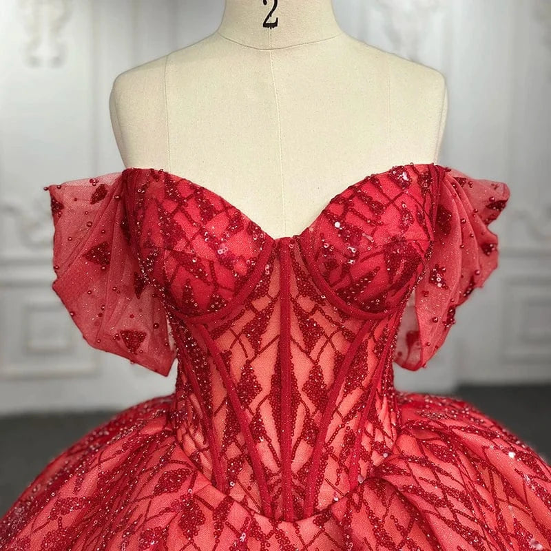 Red Sequins Bow Off Shoulder Bridal Gowns For Evening Dress Jancember 9936-1