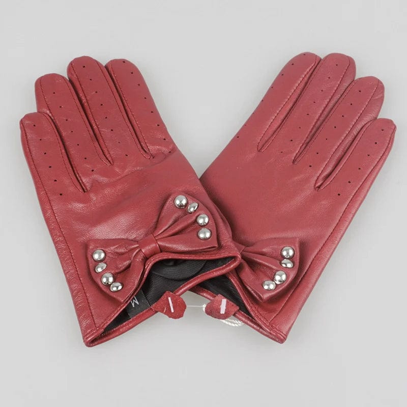 Red Sexy lady smartphone nails women dress sheepskin leather gloves with bow