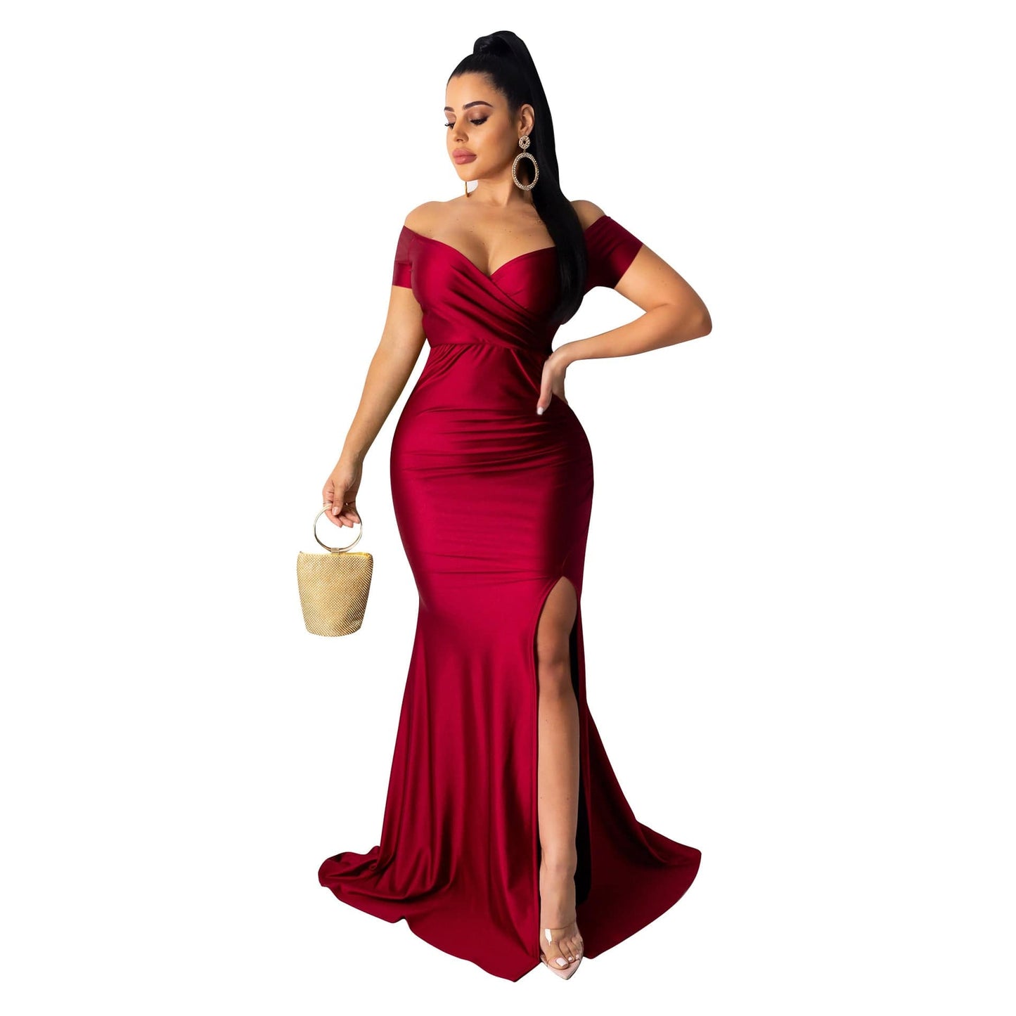 Red Split Birthday Dress For Women Vestidos Fiesta Cocktail Party Dresses Ladies Velvet Sexy Maxi Bodycon Prom Dress