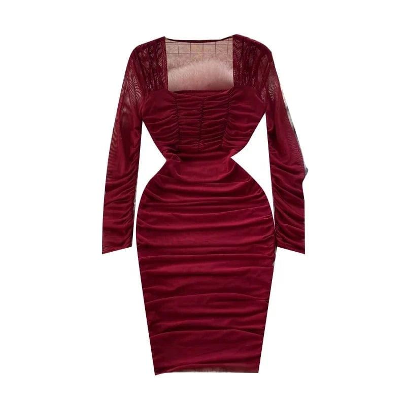 Red Square Neck Fall Women's Waisted Pleated Long Sleeve Bodycon Mini Dresses