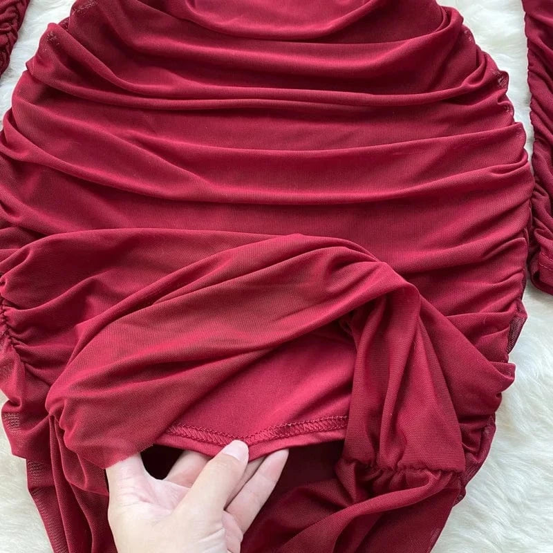 Red Square Neck Fall Women's Waisted Pleated Long Sleeve Bodycon Mini Dresses