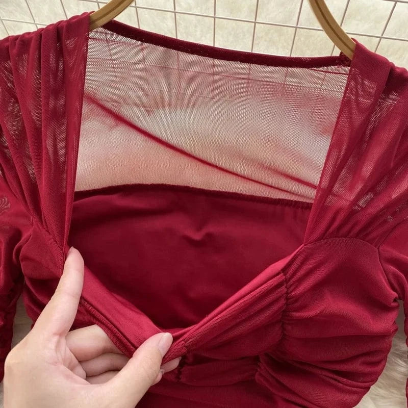 Red Square Neck Fall Women's Waisted Pleated Long Sleeve Bodycon Mini Dresses