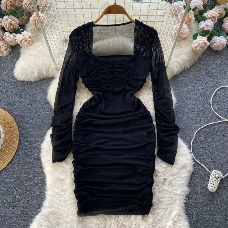 Red Square Neck Fall Women's Waisted Pleated Long Sleeve Bodycon Mini Dresses