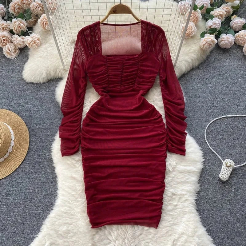 Red Square Neck Fall Women's Waisted Pleated Long Sleeve Bodycon Mini Dresses