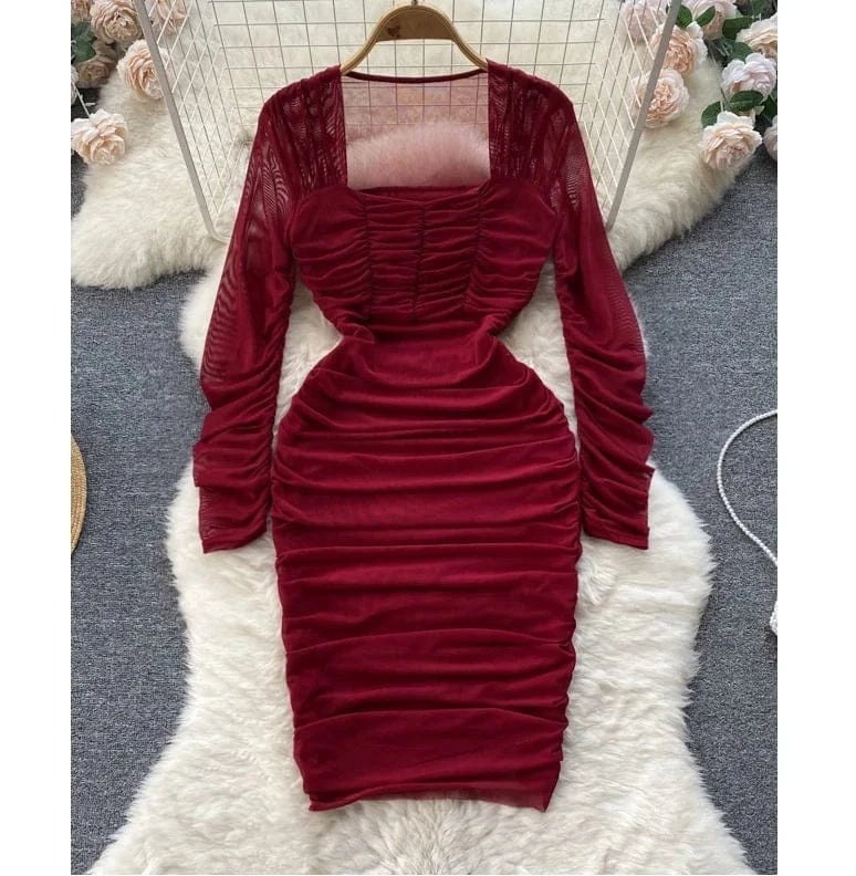 Red Square Neck Fall Women's Waisted Pleated Long Sleeve Bodycon Mini Dresses