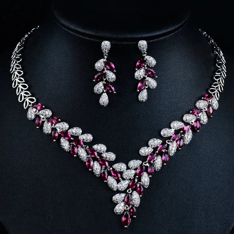 Red Statement Zircon Jewelry Set Tree Leaf Pendant Necklace Silver Needle Stud Earring Women Fashion Bridal Wedding Jewelry Set