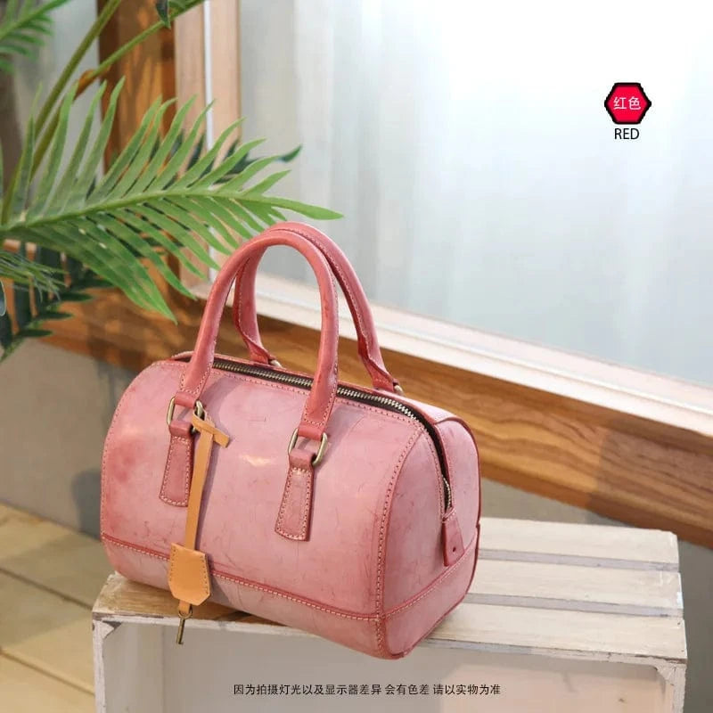 Red Wholesale New Hand-Made Vegetable Tanned Leather Large Capacity Handbag Genuine  Leather Vintage Sweet Style Handbag For Women
