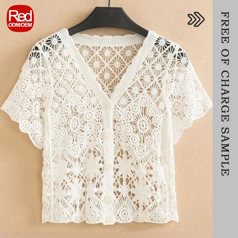 RedHK Customized Factory Directly High Quality Crochet Floral Cardigan V Neck Elegant Shirts Embroidery Blouses Ladies