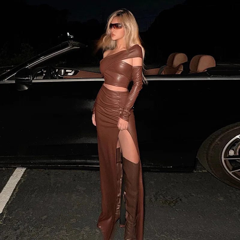 RedPeony 2023 Female Office Pareo Halter Irregular Leather Shrink Fold Women Outlet Tunic Long Vestido Maxi 2 Piece Sets Skirt