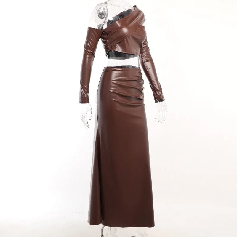 RedPeony 2023 Female Office Pareo Halter Irregular Leather Shrink Fold Women Outlet Tunic Long Vestido Maxi 2 Piece Sets Skirt