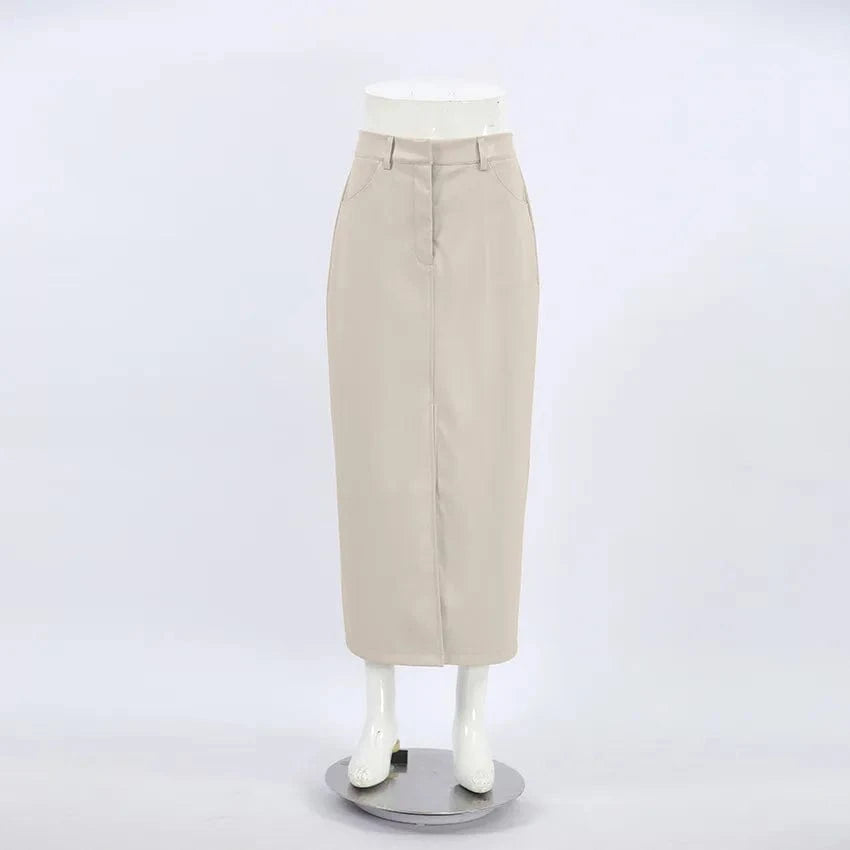 RedPeony Elegant Sexy Straight Skirts Women 2023 Autumn Black Office Lady Slit Pu Skirts Fashion Khaki Leather Long Skirts