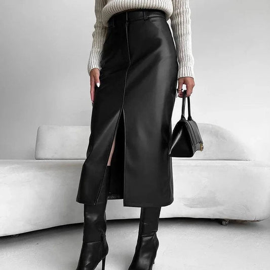 RedPeony Elegant Sexy Straight Skirts Women 2023 Autumn Black Office Lady Slit Pu Skirts Fashion Khaki Leather Long Skirts