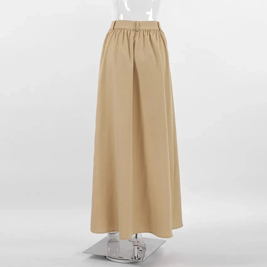 RedPeony Office Ladies High Waist Long Black Skirts Women Ruched Pockets Ankle-Length Skirts Khaki Loose Casual A-Line Skirts
