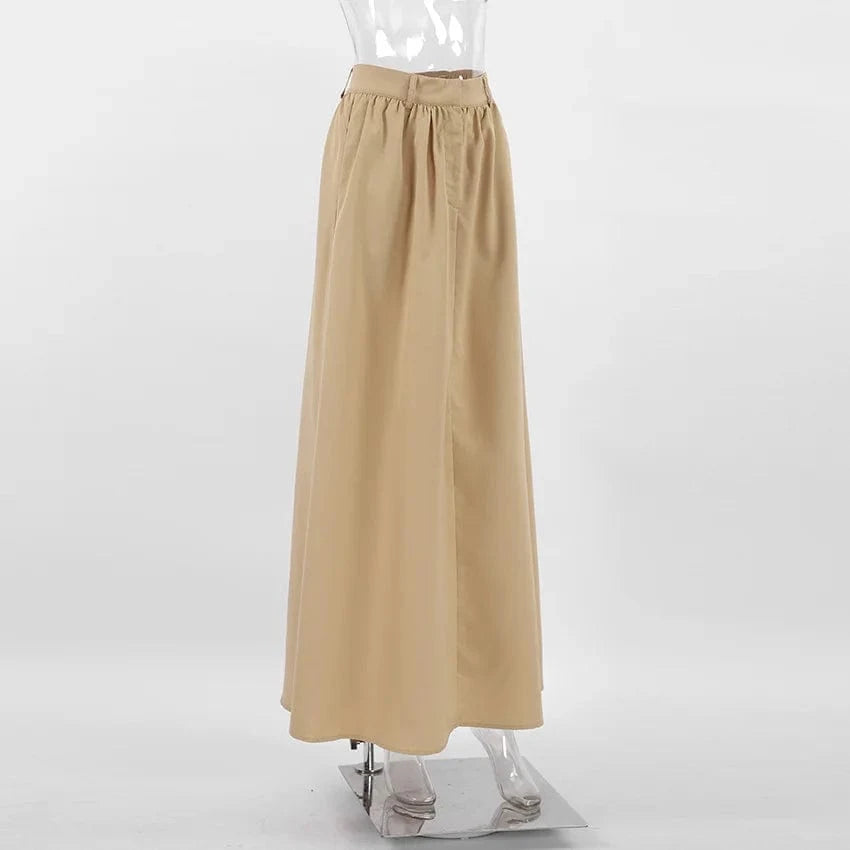 RedPeony Office Ladies High Waist Long Black Skirts Women Ruched Pockets Ankle-Length Skirts Khaki Loose Casual A-Line Skirts