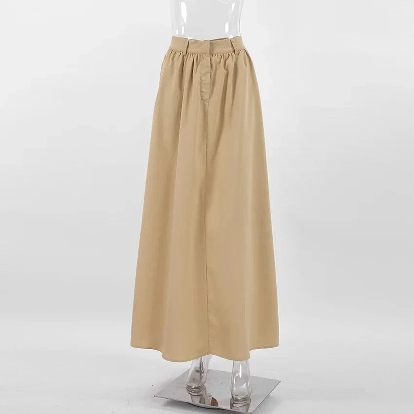 RedPeony Office Ladies High Waist Long Black Skirts Women Ruched Pockets Ankle-Length Skirts Khaki Loose Casual A-Line Skirts