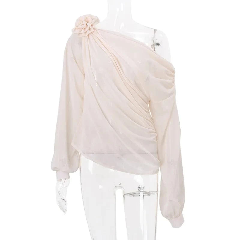 RedPeony See Through Pullover New Women Elegant Fashion Club Cropped Tops Skew Collar Floral Applique Mesh Chiffon Tops