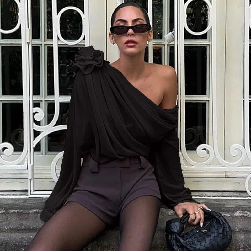 RedPeony See Through Pullover New Women Elegant Fashion Club Cropped Tops Skew Collar Floral Applique Mesh Chiffon Tops