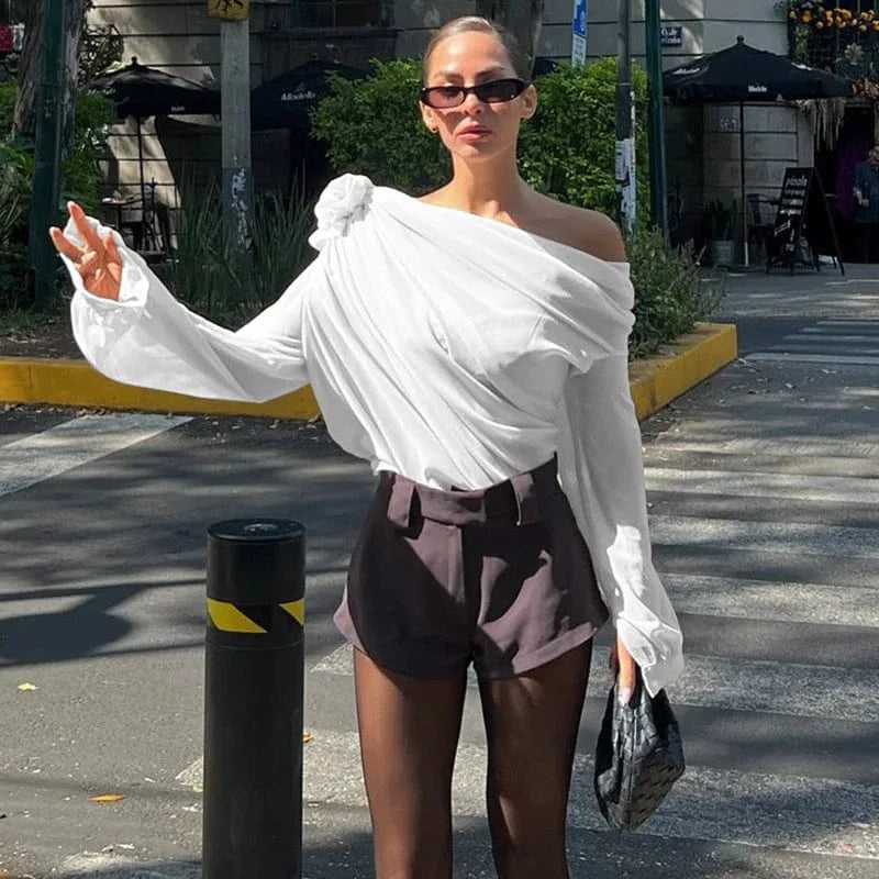 RedPeony See Through Pullover New Women Elegant Fashion Club Cropped Tops Skew Collar Floral Applique Mesh Chiffon Tops