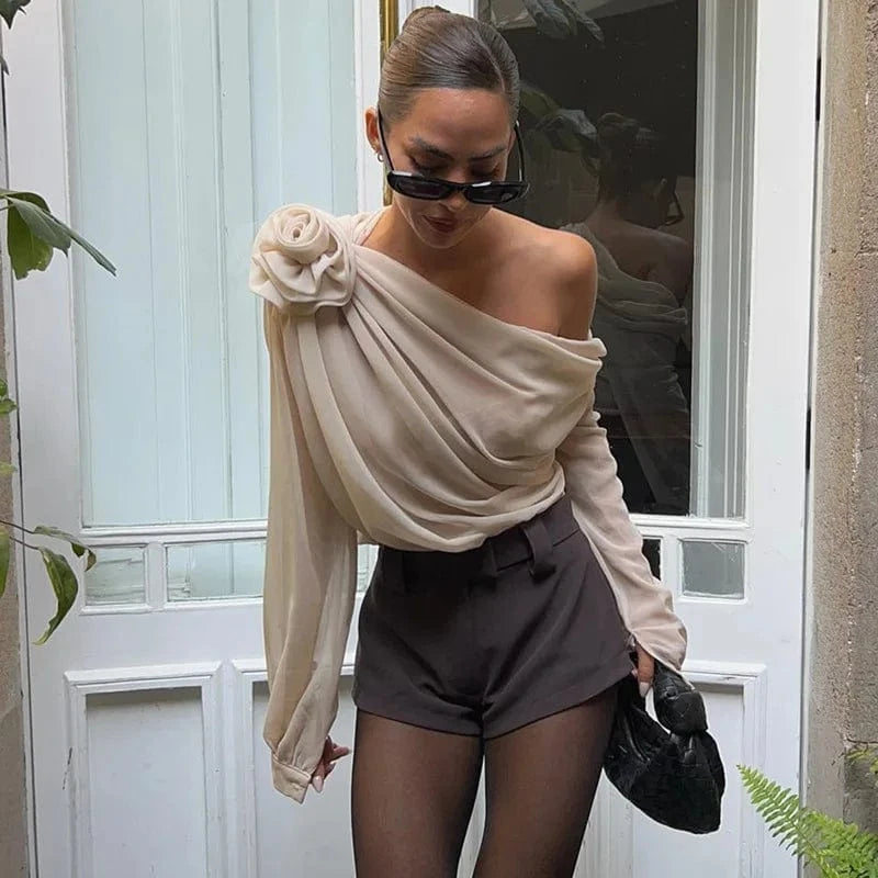 RedPeony See Through Pullover New Women Elegant Fashion Club Cropped Tops Skew Collar Floral Applique Mesh Chiffon Tops