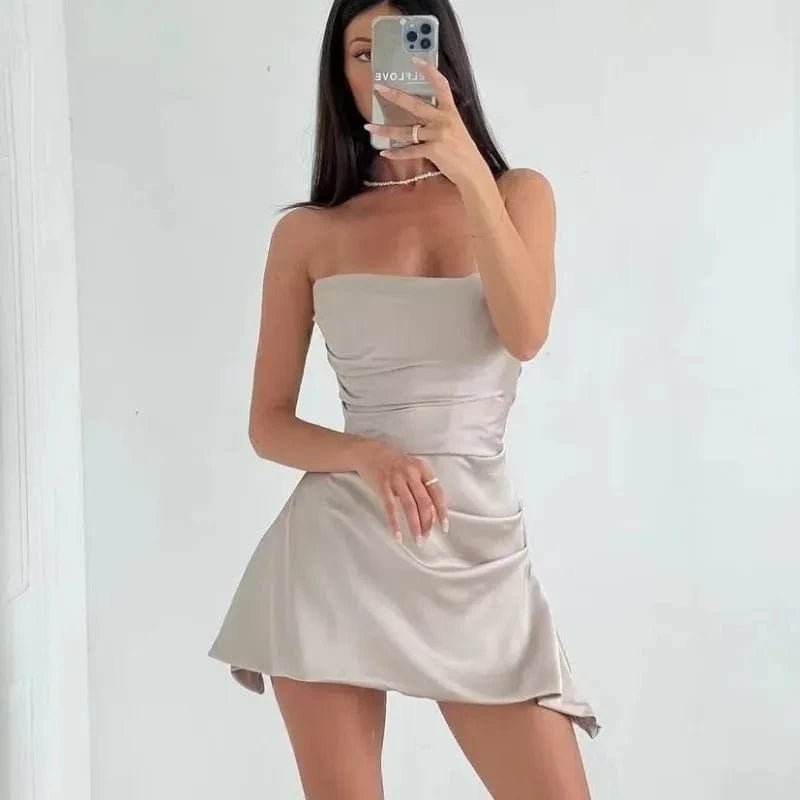 RedPeony Strapless Ruched Mini Holiday Women Dress 2024 Summer Sexy Bodycon Night Birthday Party Dresses Satin Dress