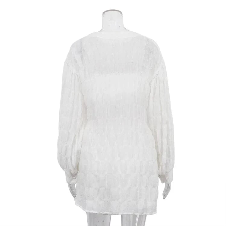 RedPeony Tube Top High Waist Shorts Three Piece Set For Women Loose Lantern Sleeve Shirt 2024 Summer Long Sleeve Shirt Suit