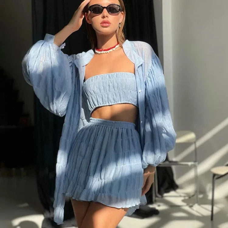 RedPeony Tube Top High Waist Shorts Three Piece Set For Women Loose Lantern Sleeve Shirt 2024 Summer Long Sleeve Shirt Suit