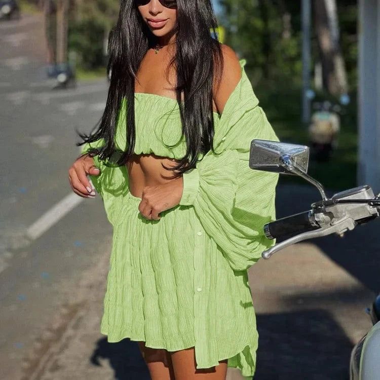 RedPeony Tube Top High Waist Shorts Three Piece Set For Women Loose Lantern Sleeve Shirt 2024 Summer Long Sleeve Shirt Suit