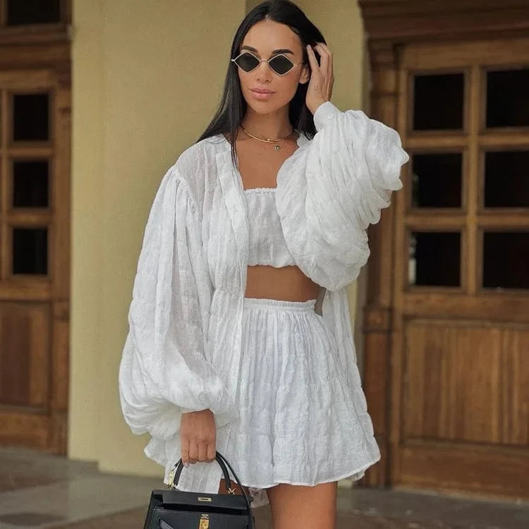 RedPeony Tube Top High Waist Shorts Three Piece Set For Women Loose Lantern Sleeve Shirt 2024 Summer Long Sleeve Shirt Suit