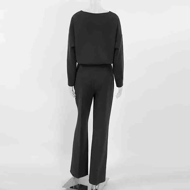 RedPeony Women 2024 Fashion Solid Suits Autumn Casual Trousers O Neck Top Two Piece Set Black Office Lady High Waist Pants Sets