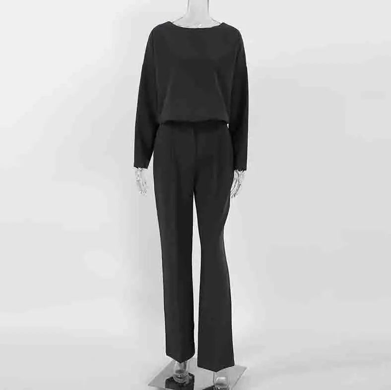 RedPeony Women 2024 Fashion Solid Suits Autumn Casual Trousers O Neck Top Two Piece Set Black Office Lady High Waist Pants Sets