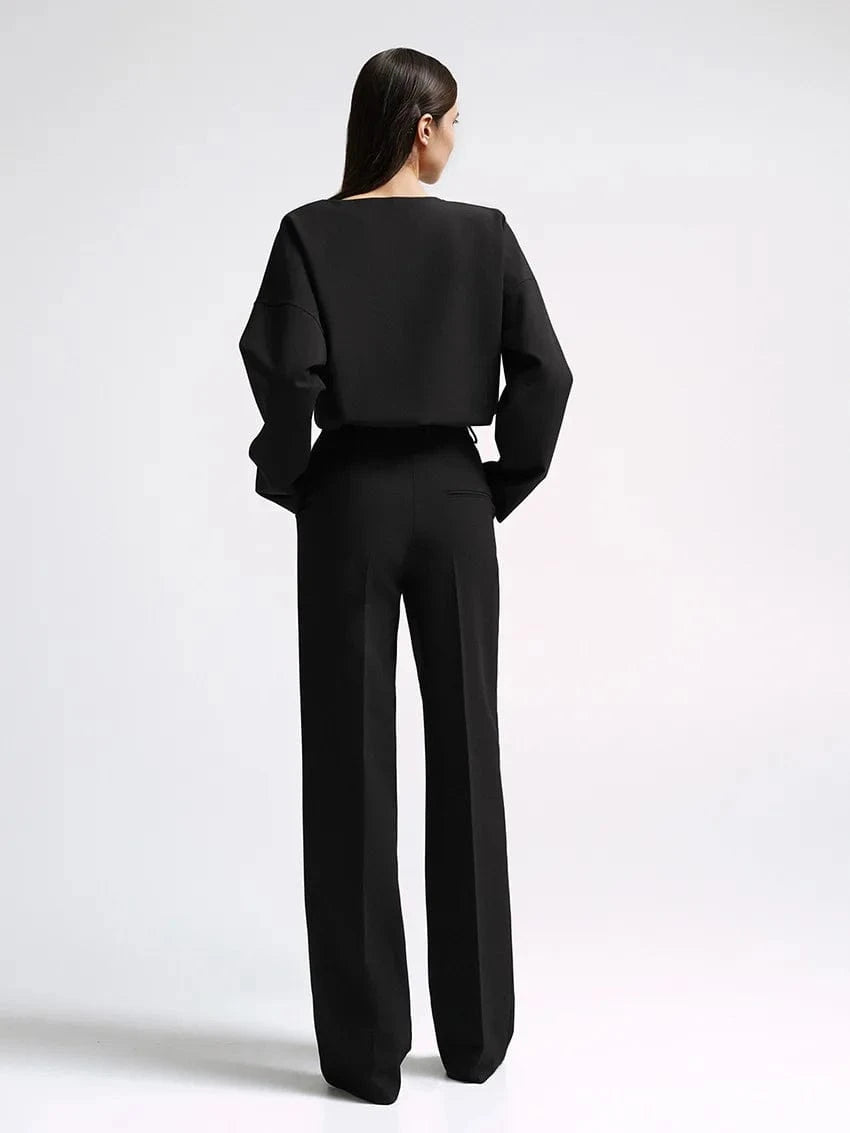 RedPeony Women 2024 Fashion Solid Suits Autumn Casual Trousers O Neck Top Two Piece Set Black Office Lady High Waist Pants Sets