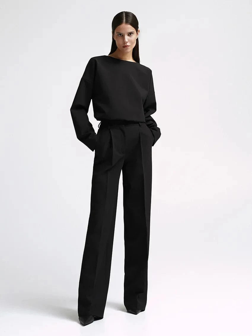 RedPeony Women 2024 Fashion Solid Suits Autumn Casual Trousers O Neck Top Two Piece Set Black Office Lady High Waist Pants Sets