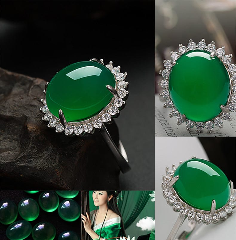 Resizable / green Silver color Emerald Jade Rings Green Chalcedony Gemstone jewelry Turquoise Oval Women Jade silver jewelry bizuteria rings