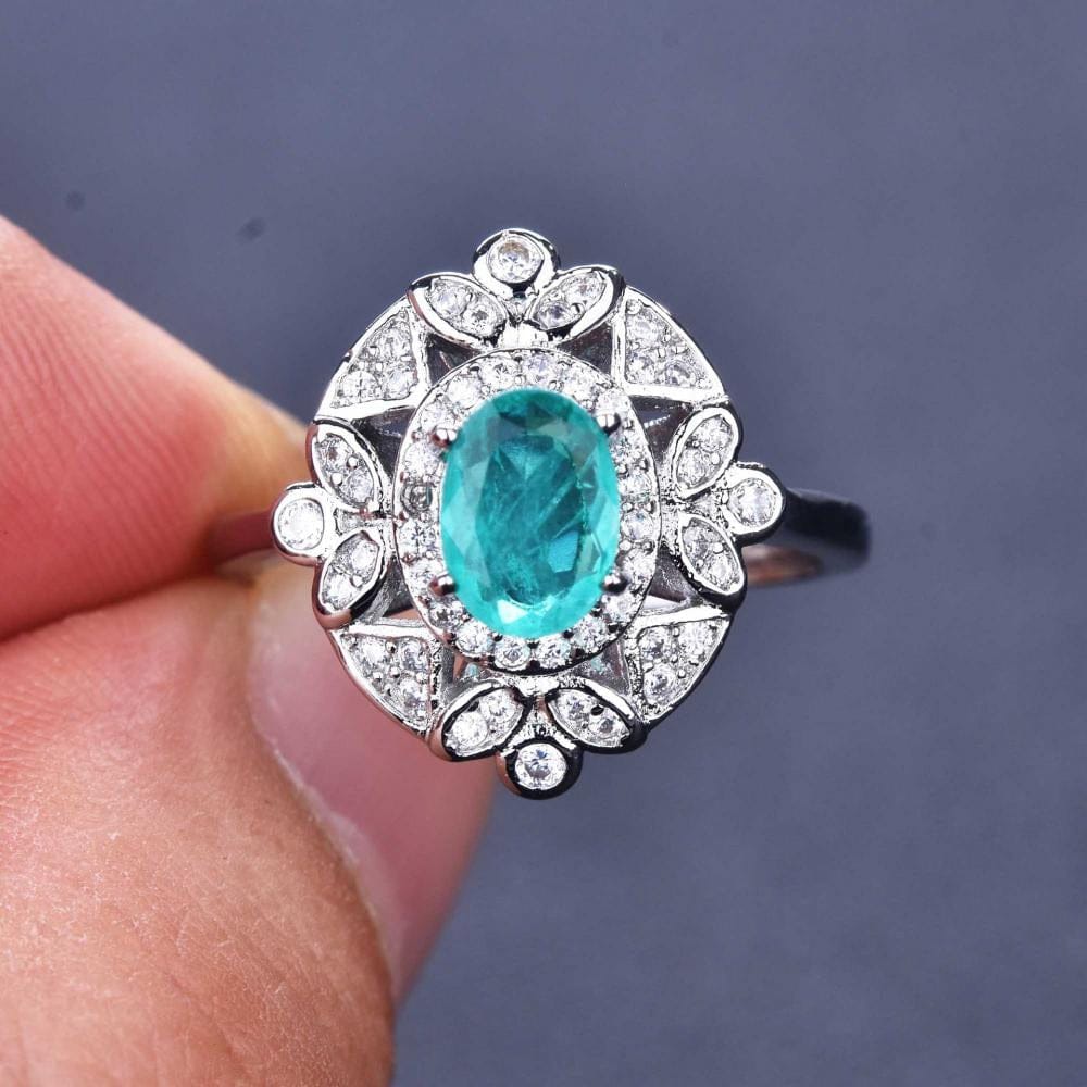 Resizable / Ring Amazon Hot Sell Paraiba Style Ring Luxury Treasure Necklace Earrings Ring High-end Custom Jewelry Set for Woman 1 Piece Silver