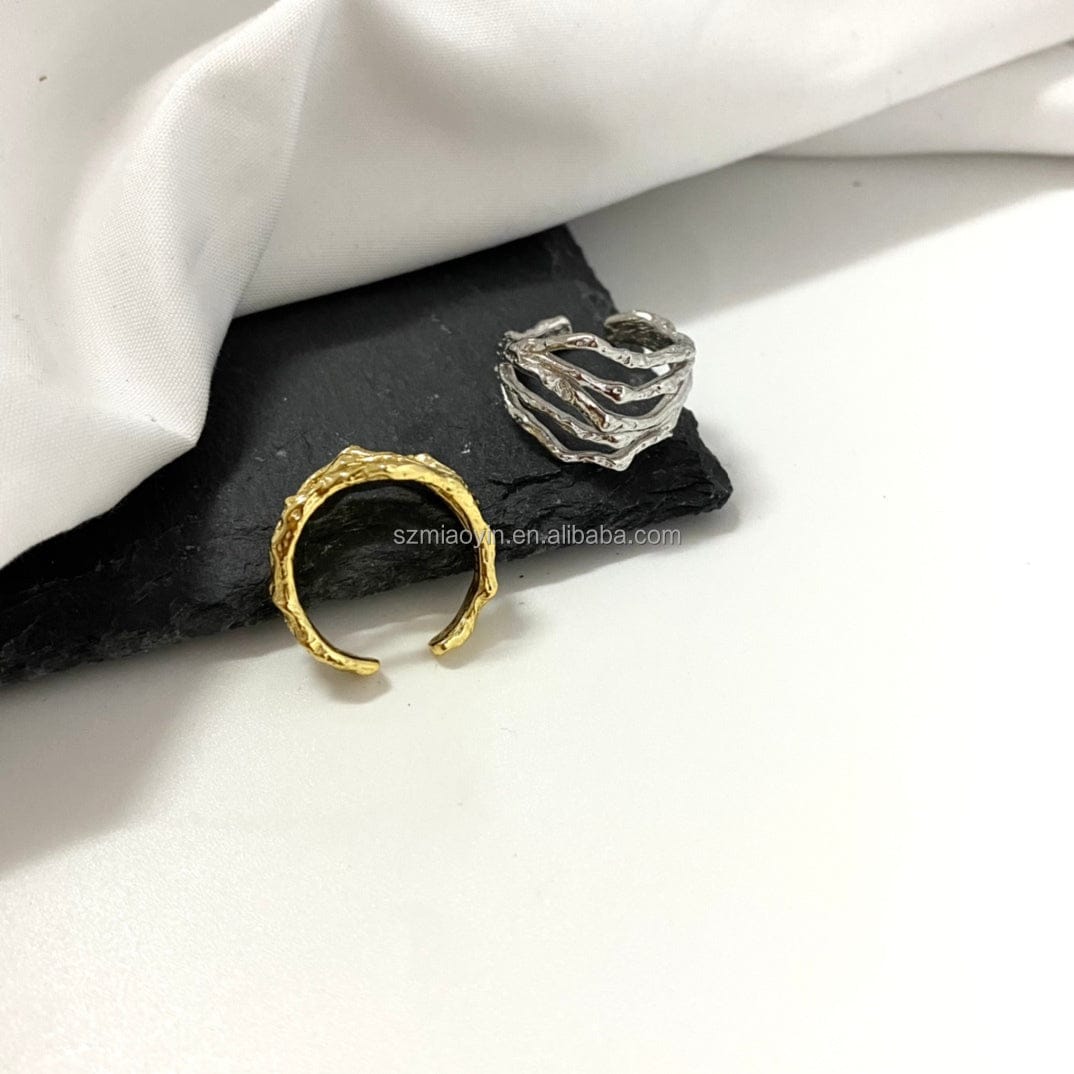 Resizable / silver 2023 Retro Design 925 Sterling Silver 18K Gold Plated Chunky Minimalist Wave Open Adjustable Ring for Women