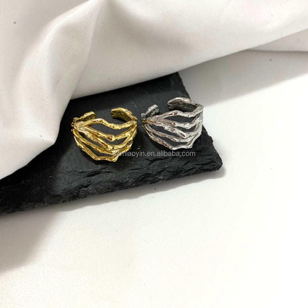 Resizable / Yellow 2023 Retro Design 925 Sterling Silver 18K Gold Plated Chunky Minimalist Wave Open Adjustable Ring for Women