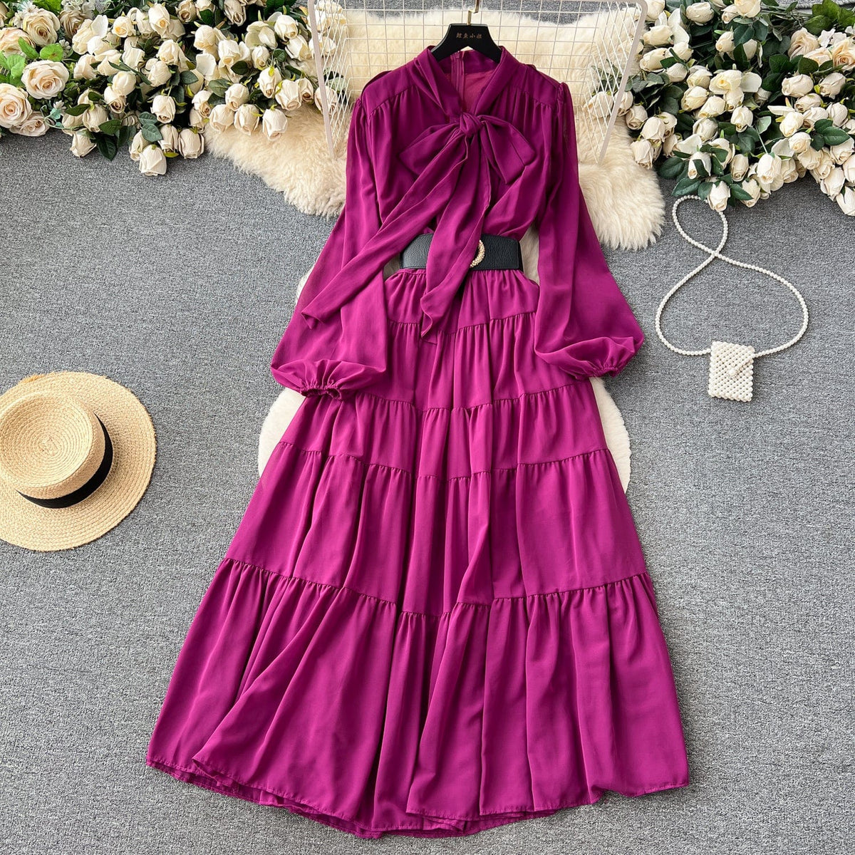 Retro Bow Tie With Lantern Long Sleeve Waist Chiffon Long Skirt Women's Slimming dress
