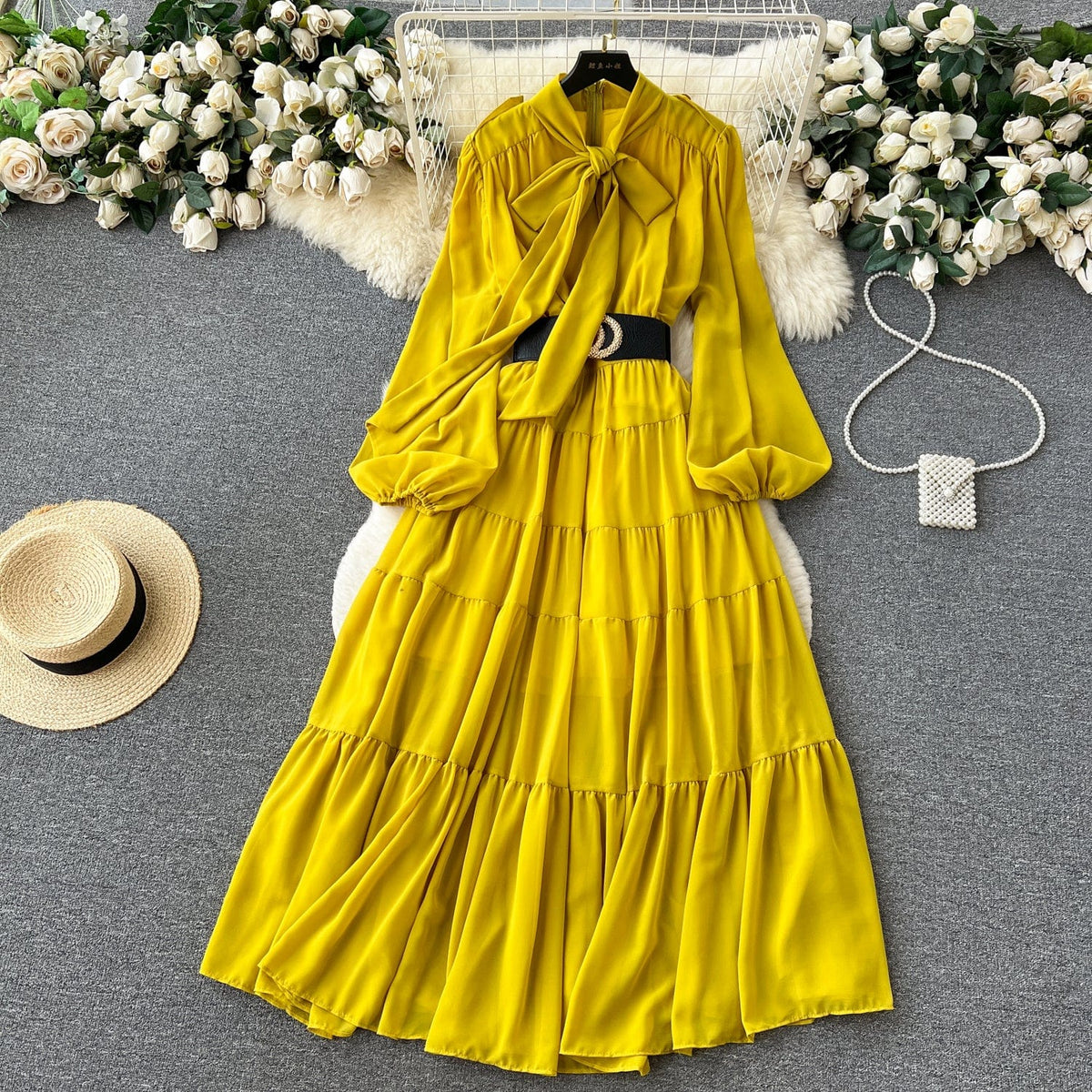 Retro Bow Tie With Lantern Long Sleeve Waist Chiffon Long Skirt Women's Slimming dress