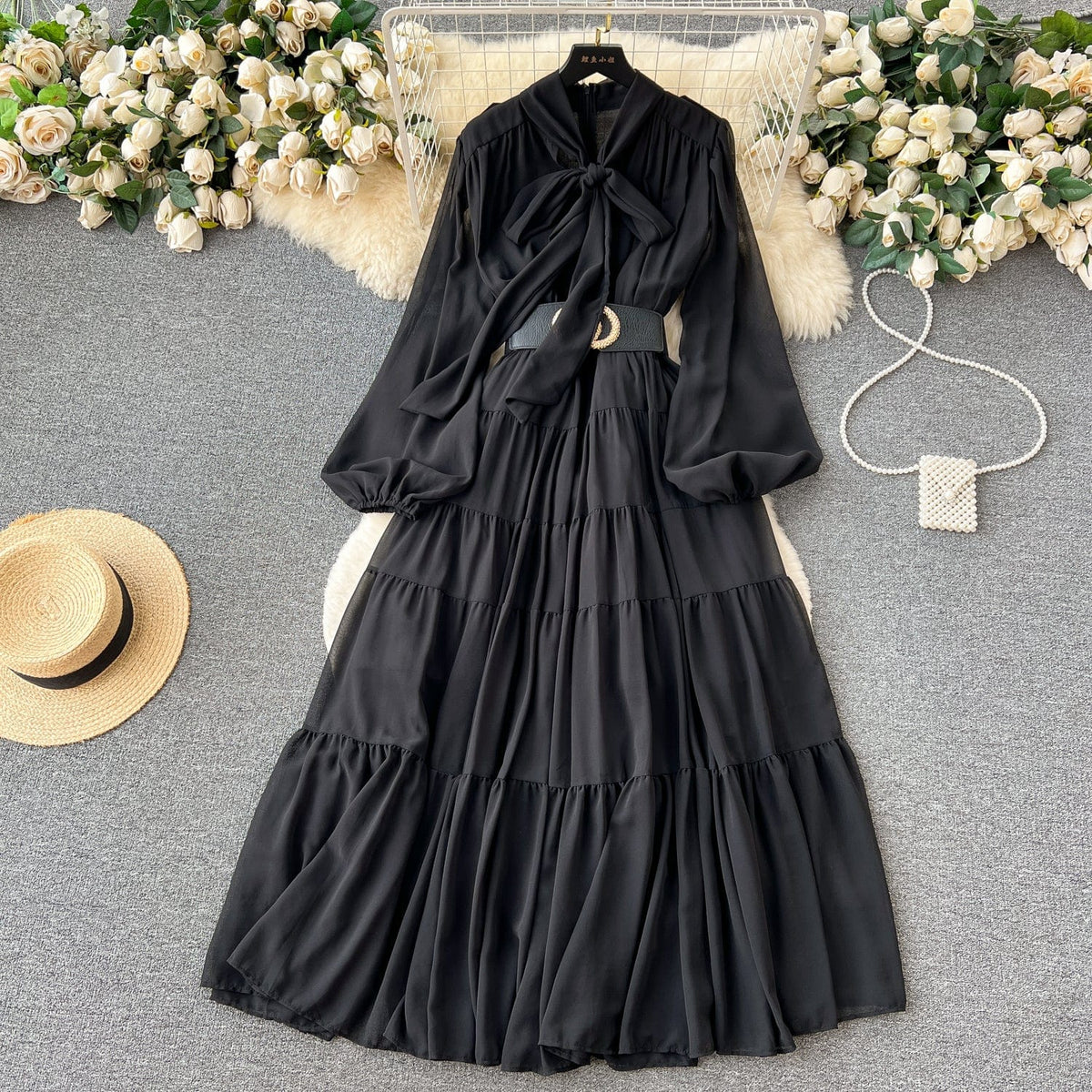 Retro Bow Tie With Lantern Long Sleeve Waist Chiffon Long Skirt Women's Slimming dress