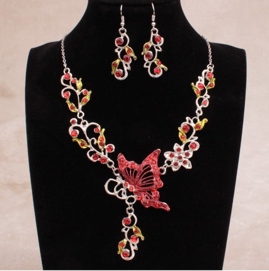 Retro Butterfly Crystal Rhinestone Bridal Necklace Earrings Set Womens Jewellery