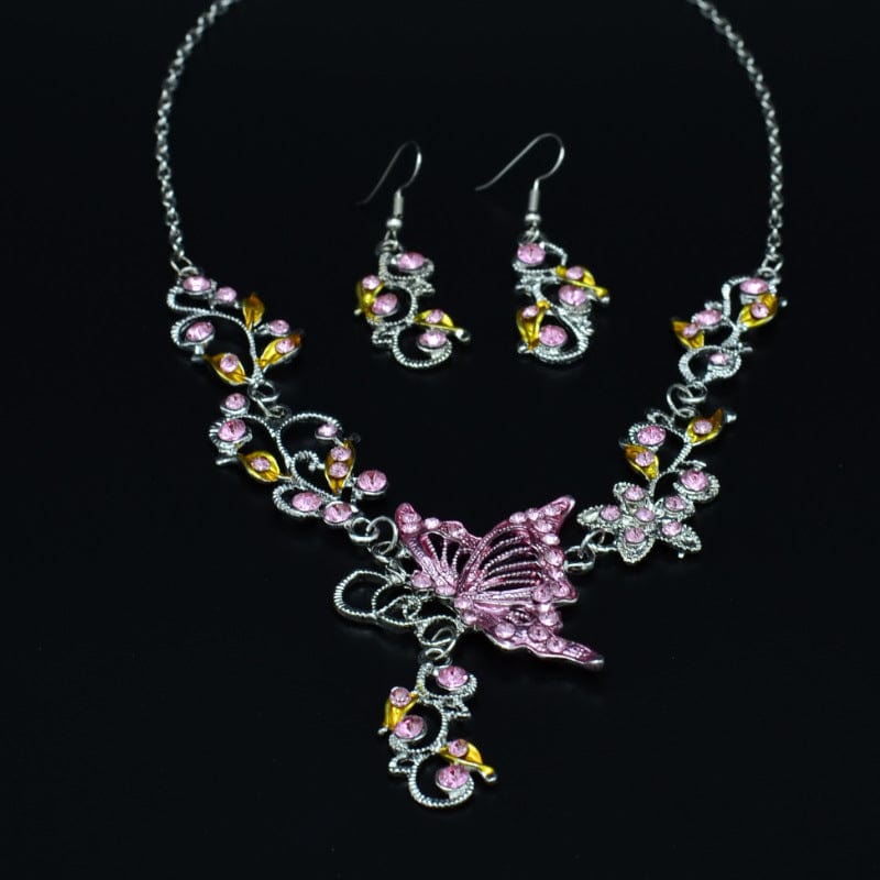 Retro Butterfly Crystal Rhinestone Bridal Necklace Earrings Set Womens Jewellery